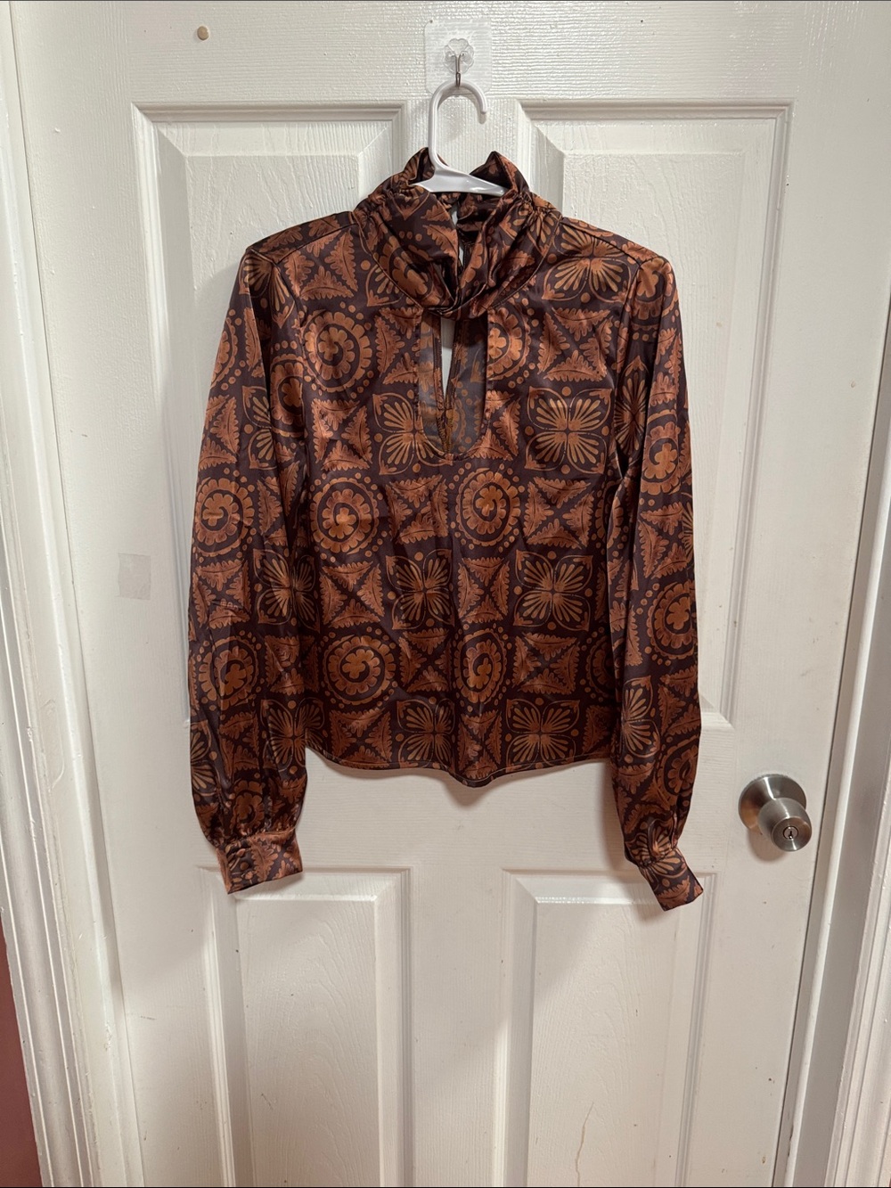 Doe & Rae Brown Printed Ruffled High-Neck Blouse - Picture 4 of 5